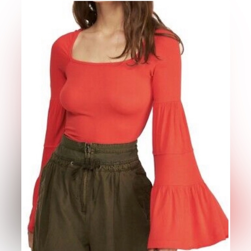 Free People Orange Square-Neck Bell Sleeve Top